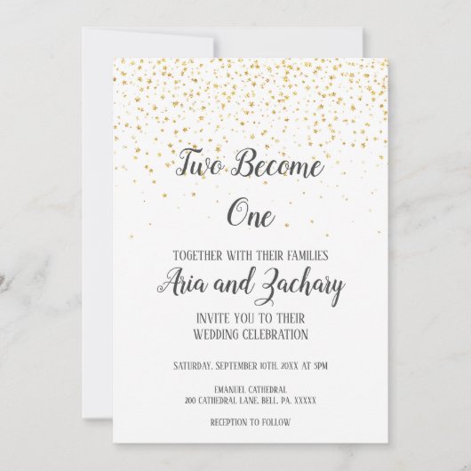 Gold Confetti Calligraphy Two wordt One Wedding Kaart (Voorkant)