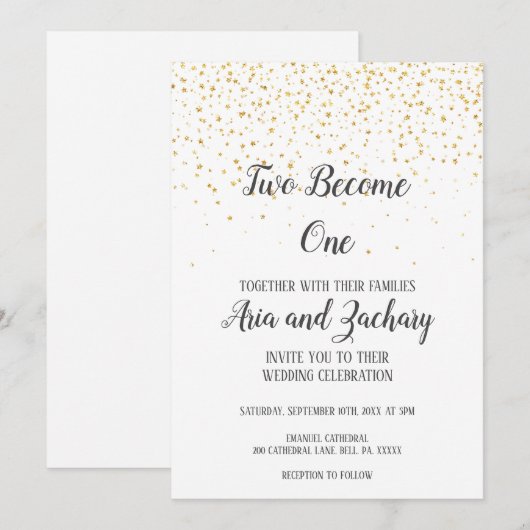 Gold Confetti Calligraphy Two wordt One Wedding Kaart (Voorkant / Achterkant)