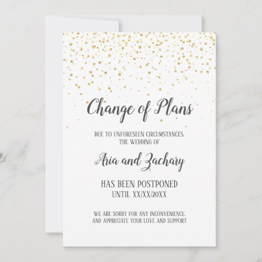 Gold Confetti Calligraphy Wedding Change of Planan Kaart (Voorkant)
