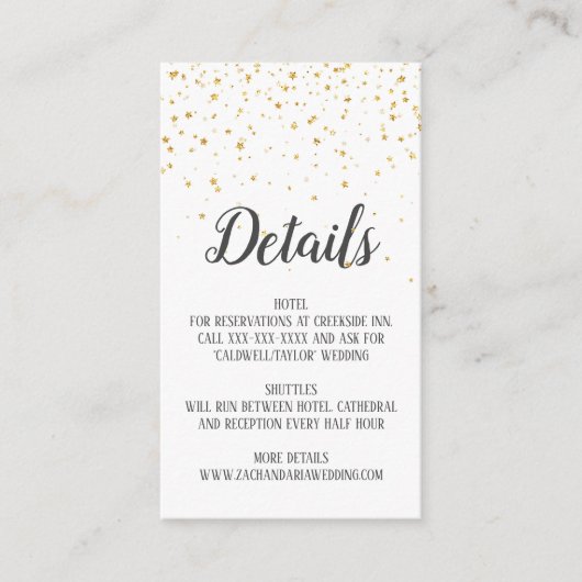 Gold Confetti Calligraphy Wedding Details Kaart (Voorkant)