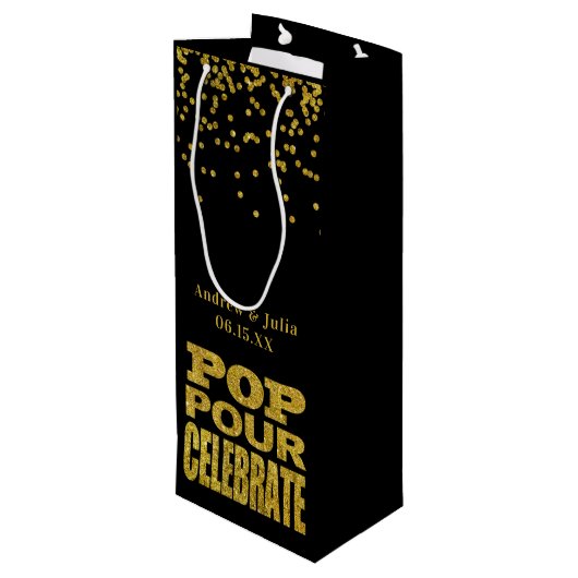Gold Confetti Celebration | Aangepaste kleur Wijn Cadeautas (Achterkant Gekanteld)