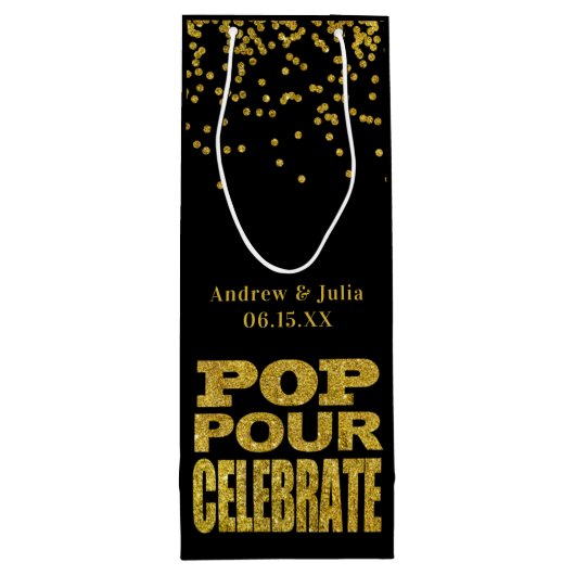 Gold Confetti Celebration | Aangepaste kleur Wijn Cadeautas (Achterkant)
