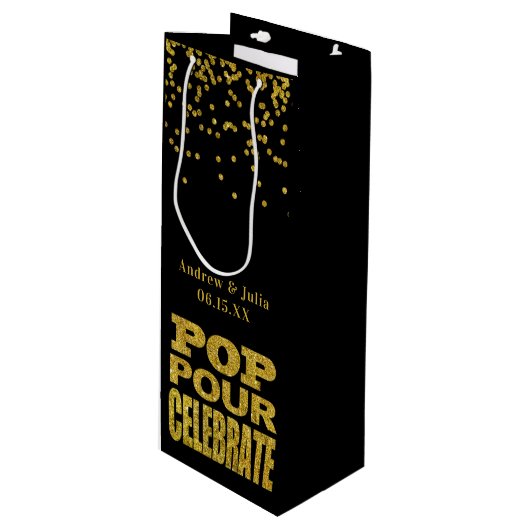 Gold Confetti Celebration | Aangepaste kleur Wijn Cadeautas (Voorkant Gekanteld)