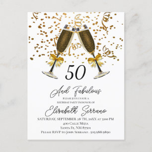 Gold Confetti Champagne Glasses 50th Birthday Uitnodiging Briefkaart