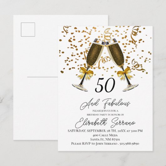 Gold Confetti Champagne Glasses 50th Birthday Uitnodiging Briefkaart (Voorkant / Achterkant)