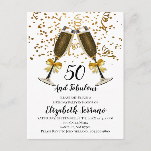 Gold Confetti Champagne Glasses 50th Birthday Uitnodiging Briefkaart (Voorkant)