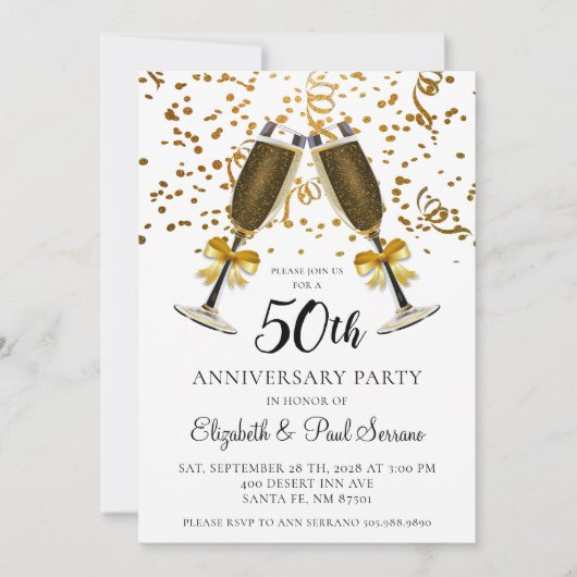 Gold Confetti Champagne Glasses 50th Jubileum Kaart (Voorkant)