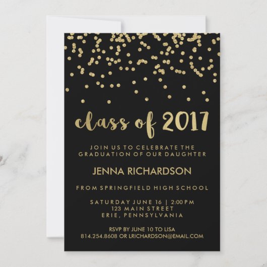 Gold Confetti Class of 2017 Graduation Party Black Kaart (Voorkant)