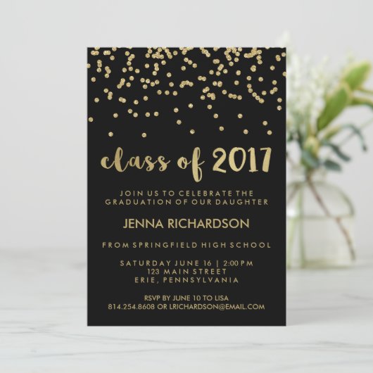 Gold Confetti Class of 2017 Graduation Party Black Kaart (Staand voorkant)