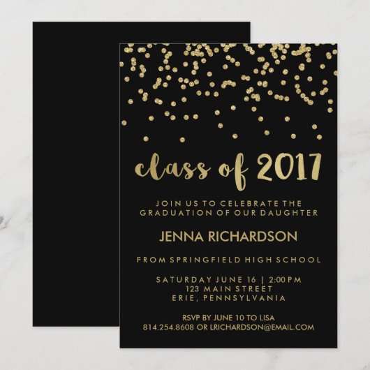Gold Confetti Class of 2017 Graduation Party Black Kaart (Voorkant / Achterkant)
