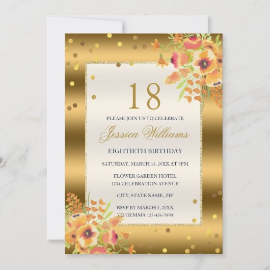 Gold Confetti & Corner Flowers 18e verjaardag Kaart (Voorkant)