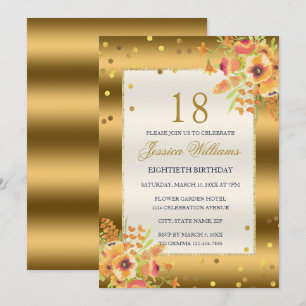Gold Confetti & Corner Flowers 18e verjaardag Kaart