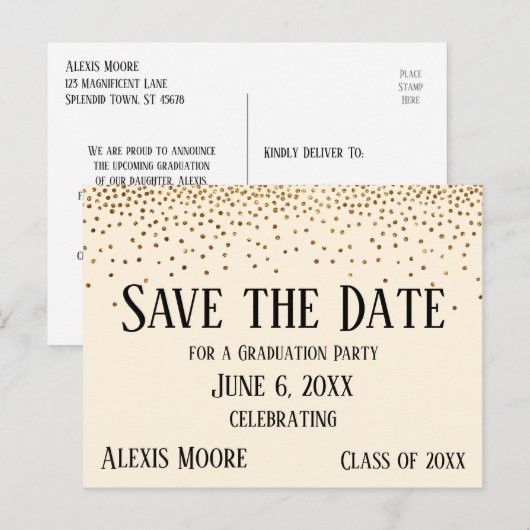 Gold Confetti Cream Graduation Party Save the Date Briefkaart (Voorkant / Achterkant)