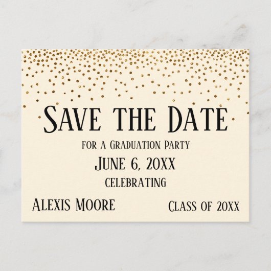 Gold Confetti Cream Graduation Party Save the Date Briefkaart (Voorkant)