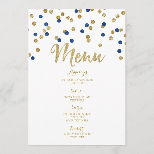 Gold Confetti Donkerblauw Wedding Menu (Voorkant)