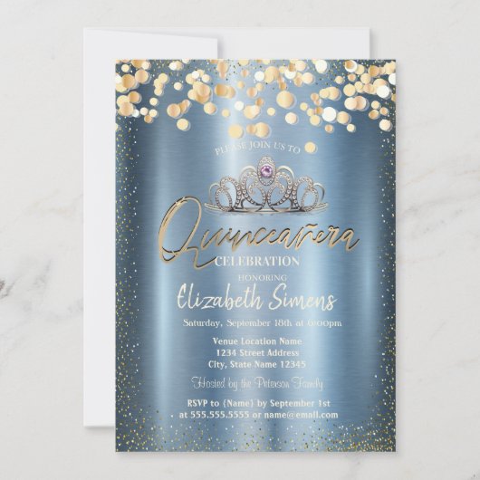 Gold Confetti Dots,Tiara Blue Metallic Quinceañera Kaart (Voorkant)