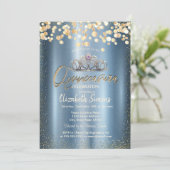 Gold Confetti Dots,Tiara Blue Metallic Quinceañera Kaart (Staand voorkant)