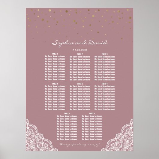 Gold Confetti Dusty Roos Lace Seating Chart Poster (Voorkant)