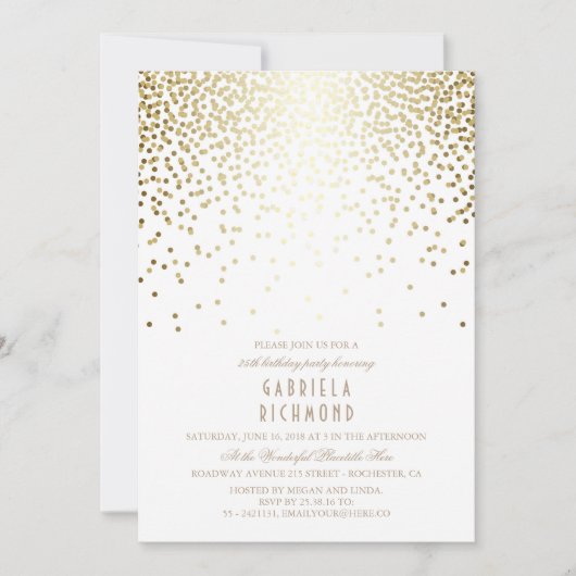Gold Confetti Elegant Vintage White Birthday Party Kaart (Voorkant)