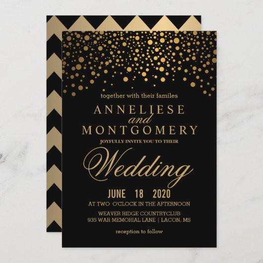 Gold Confetti en Black Wedding Invitation Kaart (Voorkant / Achterkant)