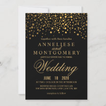 Gold Confetti en Black Wedding Invitation