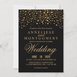 Gold Confetti en Black Wedding Invitation Kaart