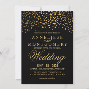 Gold Confetti en Black Wedding Invitation Kaart