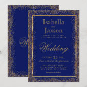Gold Confetti en Dark Blue Invitation Kaart (Voorkant / Achterkant)