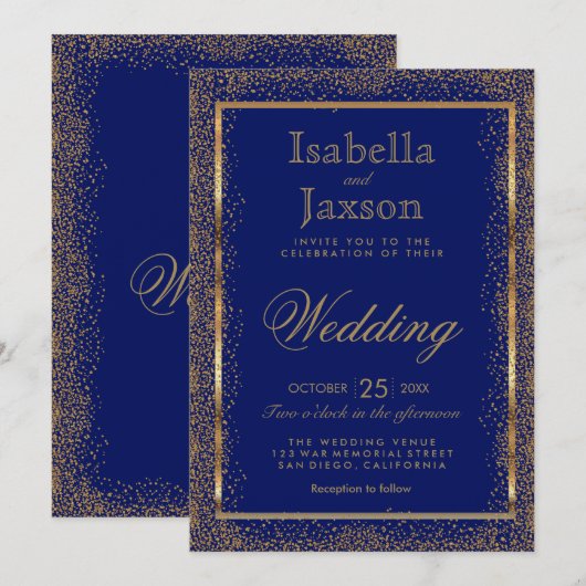 Gold Confetti en Dark Blue Invitation Kaart (Voorkant / Achterkant)