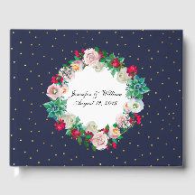 Gold Confetti en Flowers Wedding Guest Book
