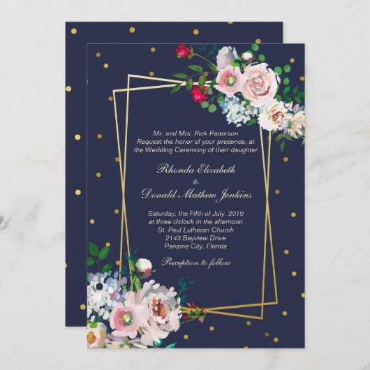 Gold Confetti en Flowers Wedding Invitation Kaart (Voorkant / Achterkant)
