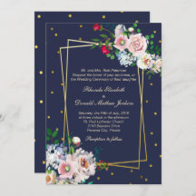 Gold Confetti en Flowers Wedding Invitation