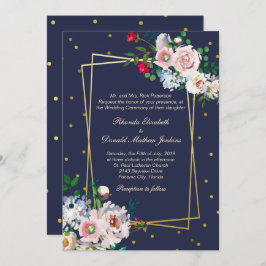 Gold Confetti en Flowers Wedding Invitation Kaart