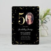 Gold Confetti en foto 50th Birthday Party Folie Uitnodiging (Staand Voorkant)