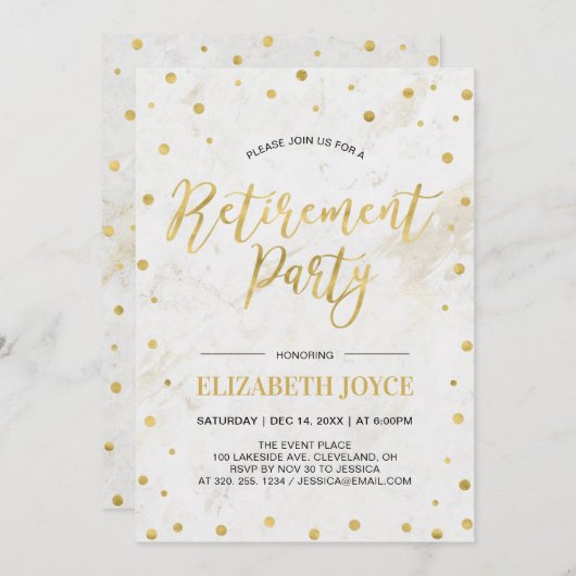 Gold Confetti en marmer | Moderne Pensioenpartij Kaart (Voorkant / Achterkant)