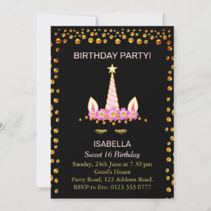 Gold Confetti en Unicorn o Sweet 16 Birthday Kaart