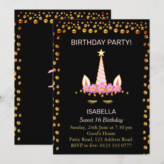 Gold Confetti en Unicorn o Sweet 16 Birthday Kaart (Voorkant / Achterkant)