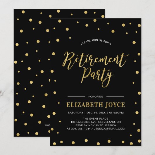 Gold Confetti en zwart | Moderne Pensioenpartij Kaart (Voorkant / Achterkant)