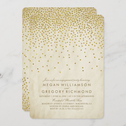 Gold Confetti Engagement Party Kaart (Voorkant / Achterkant)