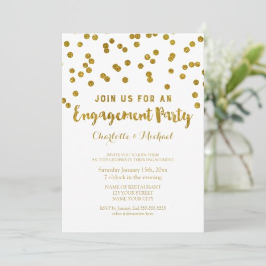 Gold Confetti Engagement Party - Uitnodiging (Staand voorkant)