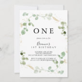 Gold Confetti Eucalyptus First Birthday Party Kaart (Voorkant)