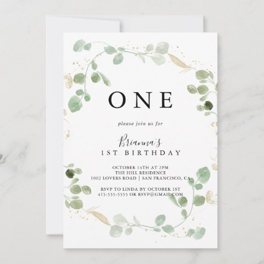 Gold Confetti Eucalyptus First Birthday Party Kaart (Voorkant)