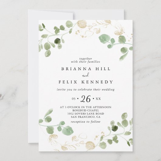 Gold Confetti Eucalyptus Foliage Casual bruiloft Kaart (Voorkant)