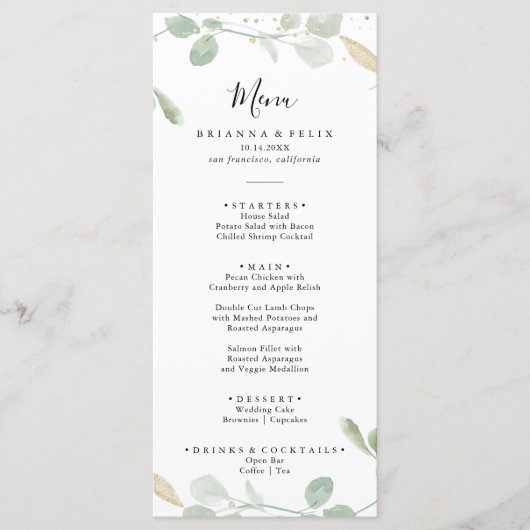 Gold Confetti Eucalyptus Foliage Dinner Menu (Voorkant)