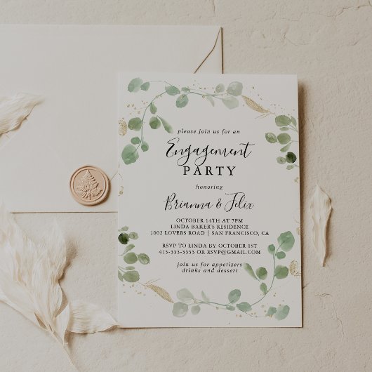Gold Confetti Eucalyptus Foliage Engagement Party Kaart