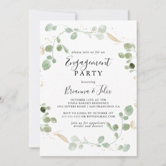 Gold Confetti Eucalyptus Foliage Engagement Party Kaart (Voorkant)