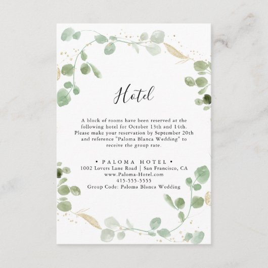 Gold Confetti Eucalyptus Foliage Hotel Informatiekaartje (Voorkant)