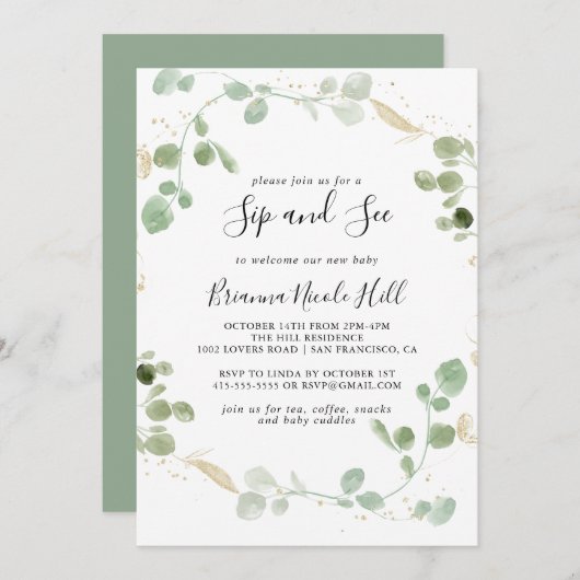 Gold Confetti Eucalyptus Foliage Sip en See Kaart (Voorkant / Achterkant)