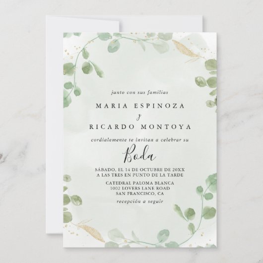 Gold Confetti Eucalyptus Foliage Spain Weddenschap Kaart (Voorkant)