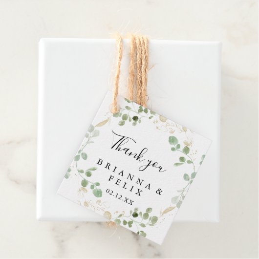 Gold Confetti Eucalyptus Foliage Weddenschap Bedankjes Labels (In situ)